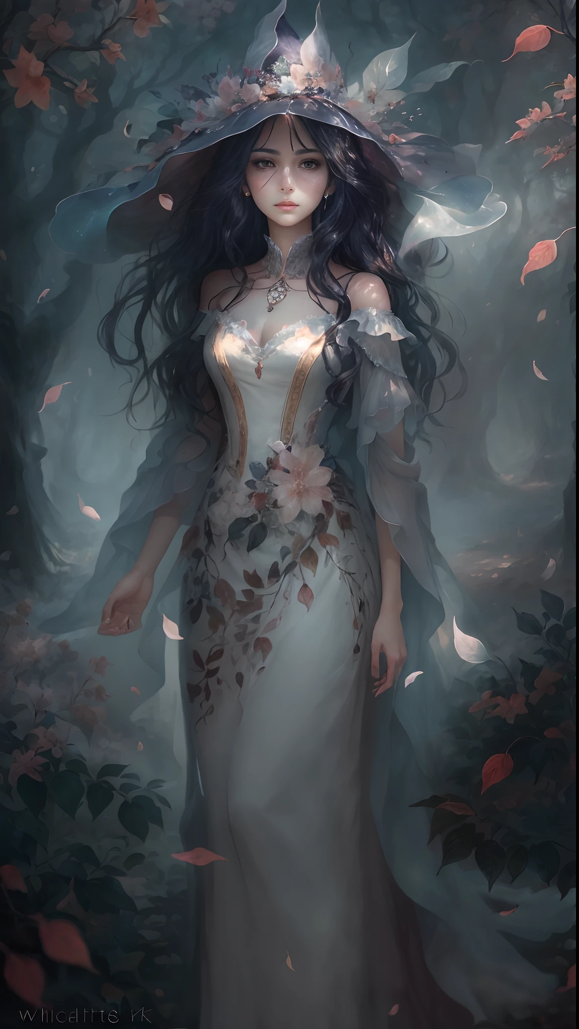 (Best quality,4K,8K,A high resolution,Masterpiece:1.2),Ultra-detailed,Realistic(face,The eye,nase,Lips),sportrait,Black hair,fine art,Clear and shiny eyes,beautiful detailed lips,Detailed expression,Ethereal beauty,captivating posture,subtly lit,Dreamy atmosphere,Dark background,expressive brush strokes,mystical ambiance,Artistic interpretation,Stunning Ghibli-style costumes,Whithead anime illustration,Subtle colors and tones,mystical aura,Old witch vibes