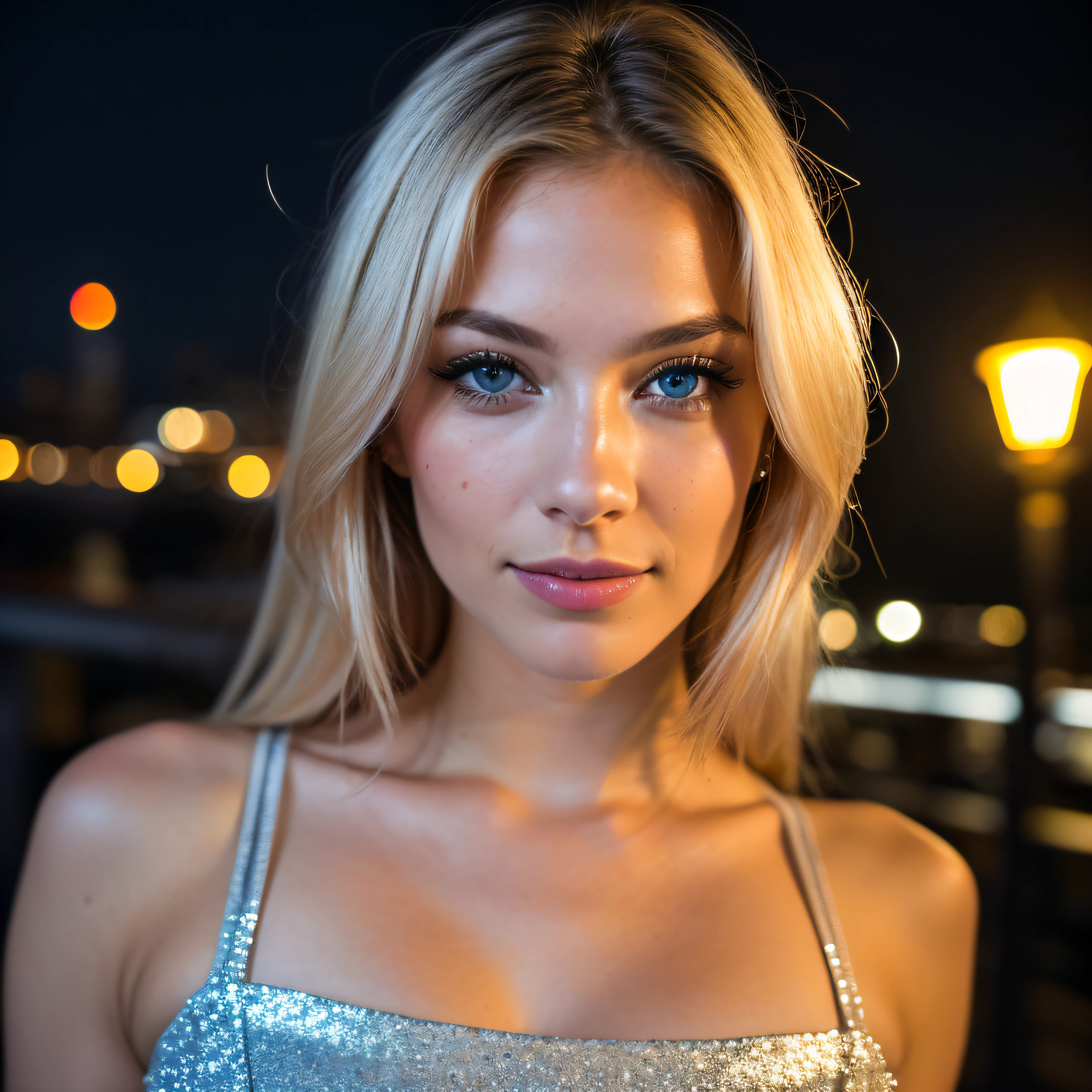 (selfie, top view: 1.4), (straight half of the body: 1.4), RAW UHD portrait photo of a 24-year-old blonde (blue-eyed woman) in new york street, large breasts,, city at night, (skirt), (neckline), details (textures! , hair! , glitter, color!! , disadvantages: 1.1), glossy eyes with high detail (looking at the camera), SLR lighting, SLR camera, ultra-quality, sharpness, depth of field, film grain (center), Fujifilm XT3, crystal clear, frame center, beautiful face, sharp focus, street lamp, neon lighting, bokeh (dimly lit), night, (night sky), detailed skin pores, oily skin, sunburn, complex eye details, full body, large breasts