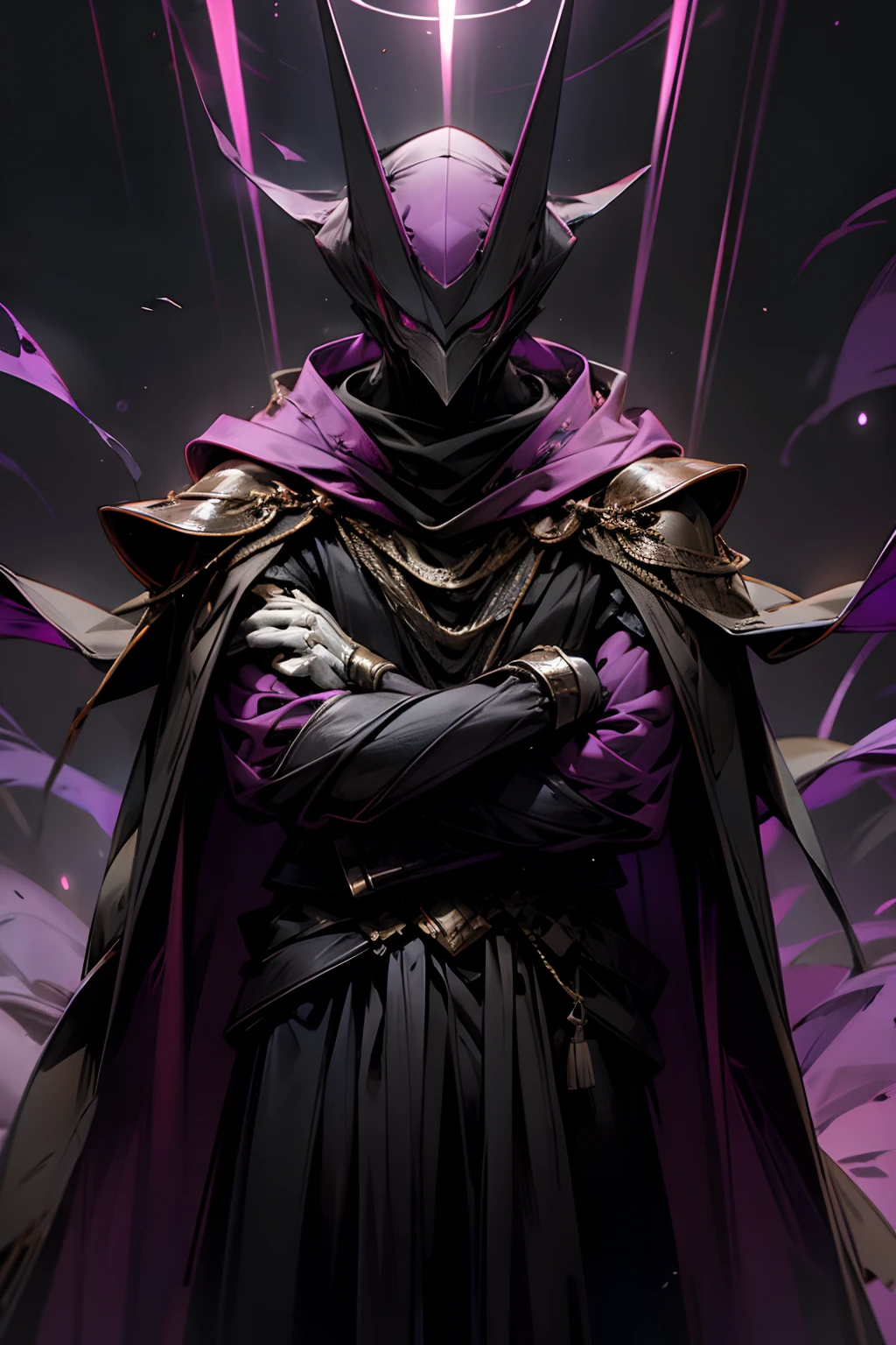 A masked man with his arms crossed, a cloak covering his entire body, a mysterious atmosphere, purple light,