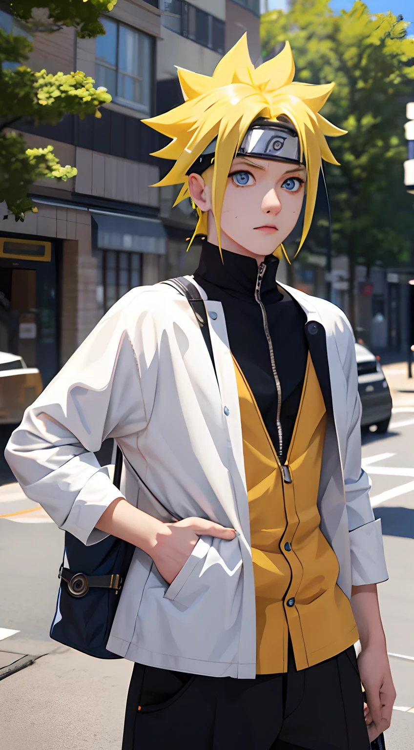 Masterpiece, Superb Style, aesthetic chothes, Colored Hair, Outdoor, Upper Body, Uzumaki Naruto, blue eyes, short yellow hair,a boy