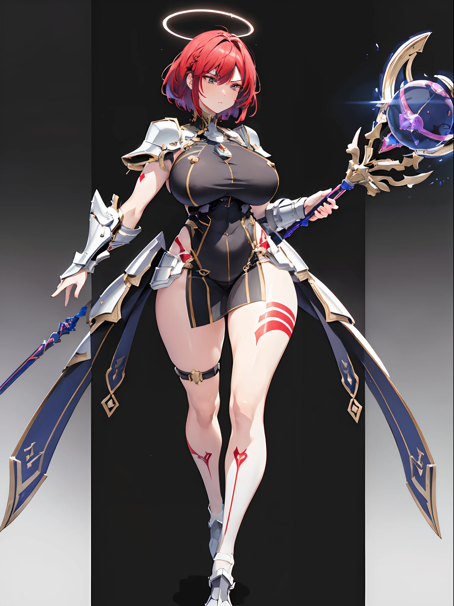 (masterpiece, best quality), adult women with sexy battle armor style, futuristic decorate halo style crown at head, (holding 1 decorated magical staff), muscular thicc body, closed mouth, medium cut hair, crimson hair color, bangs, HD delicated face, gigantic body figure, tall woman, large gigantic breasts, big ass, angry facial, largest areola, (invisible nipple and genital line), love shape tattoo pubic, walking away, full body view