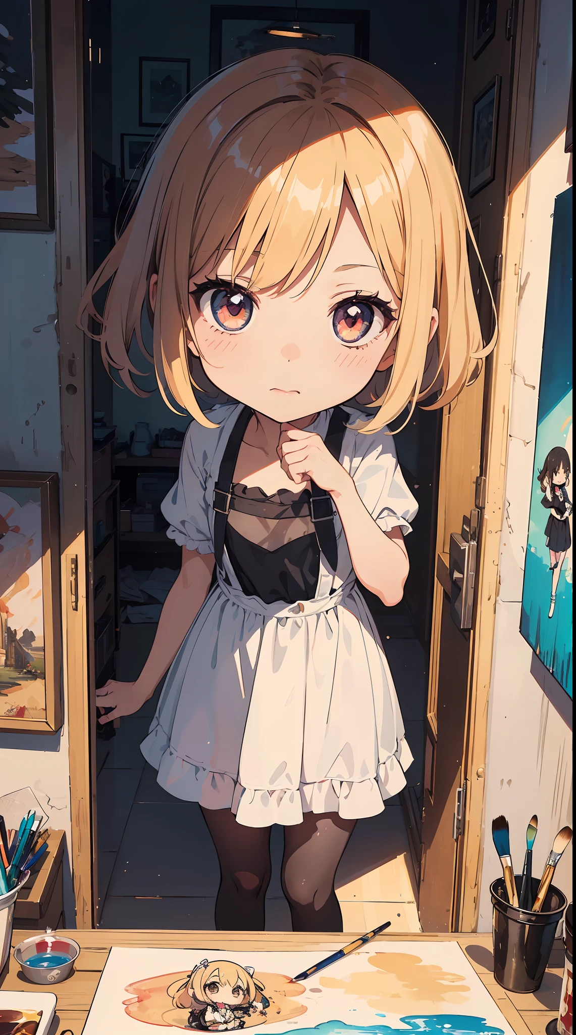 (1girl in, Solo:1.4), Cute, (Chibi:1.6),It depicts a touching moment when a pretty girl tries her hand at painting for the first time。She、Inside the art studio、Standing in front of the canvas、Pick up the brush。In those eyes、Mixed with anticipation and a little anxiety。 In the background、Masterpieces and art tools are meticulously drawn.、They enjoy this special moment even more。It makes you feel the possibilities。 The moment she brought her brush closer to the canvas、Its expression changes completely.。 The first brush transferred color to the canvas、A sense of pure joy and accomplishment spreads across her face。By her creativity、A visual effect that beautifully captivates her to the spot filled with new colors and shapes、 ((Writing line transparency Highest quality Best work Concept art.))、Beautiful illustration, pastel color, Illustration style, Realistic skin feeling, Realistic materials、watercolor paiting, A background with detail, three-dimensionality and depth