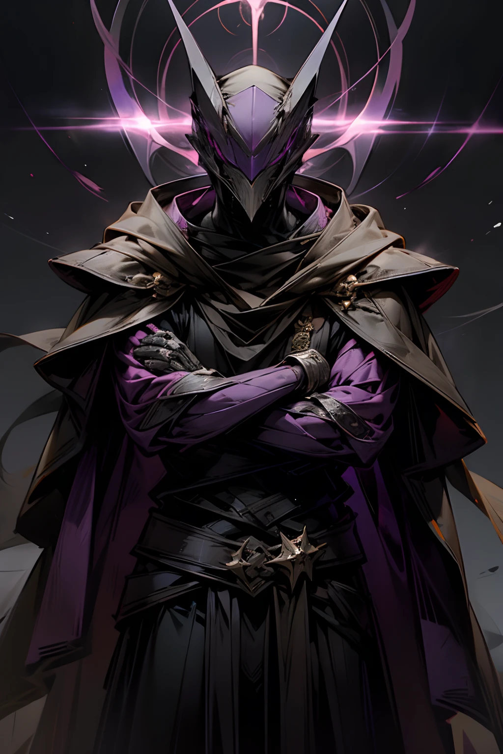 A masked man with his arms crossed, a cloak covering his entire body, a mysterious atmosphere, purple light,