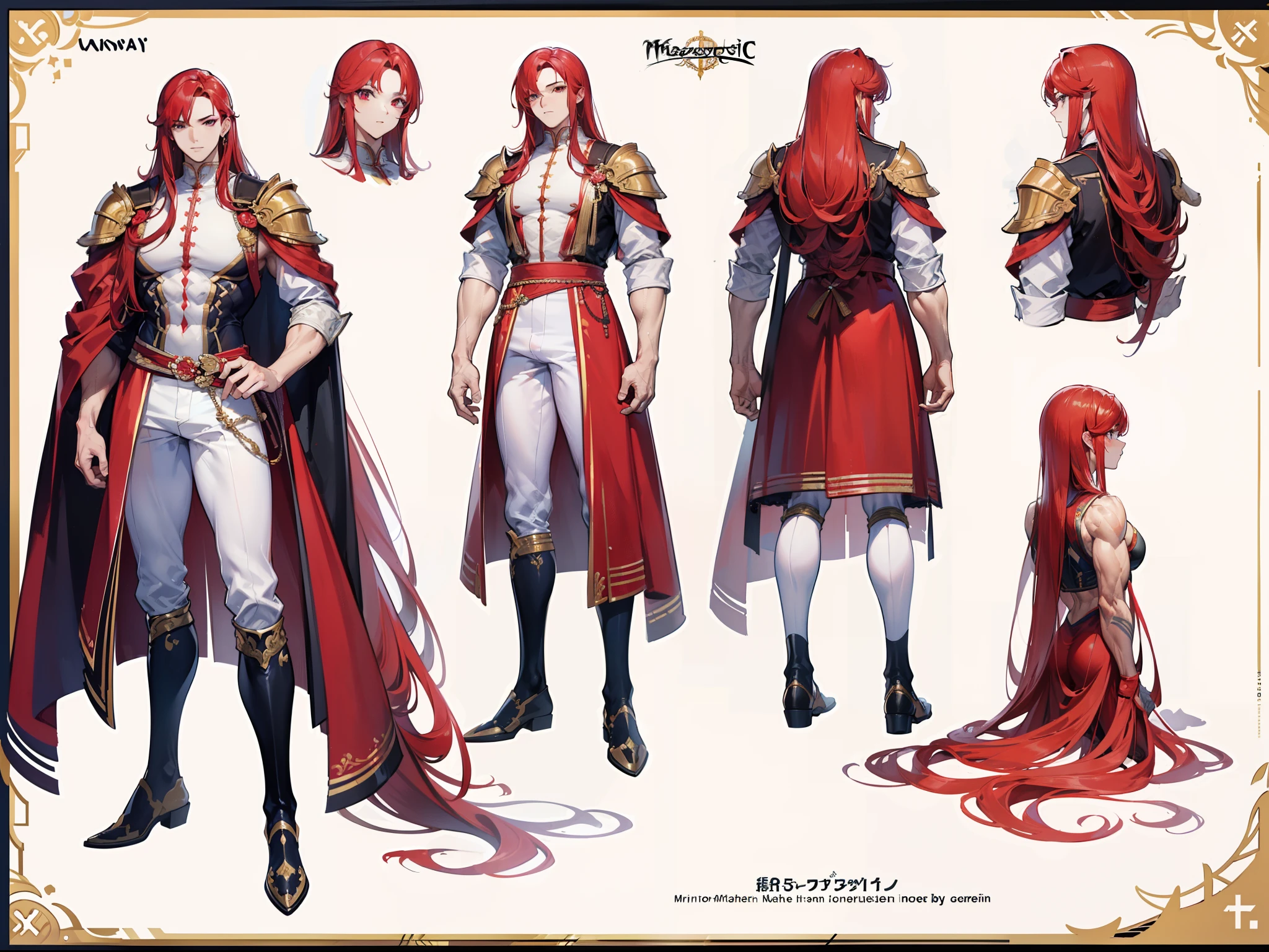 ((Masterpiece, Highest quality)), Detailed face, character design sheet, full bodyesbian, Full of details, frontal body view, back body view, Highly detailed, Depth, Many parts, Muscle boy with long red hair with long bangs,handsome man, muscle body, white outfit male gods, man tall