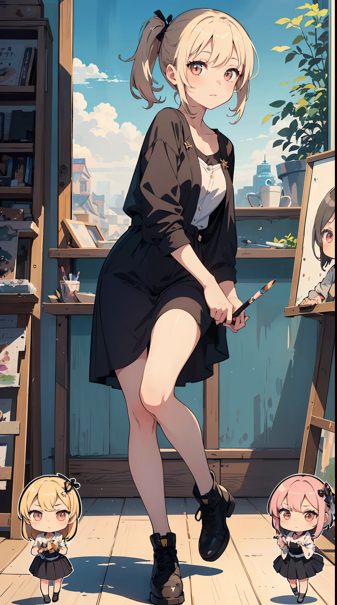 (1girl in, Solo:1.4), Cute, (Chibi:1.6),It depicts a touching moment when a pretty girl tries her hand at painting for the first time。She、Inside the art studio、Standing in front of the canvas、Pick up the brush。In those eyes、Mixed with anticipation and a little anxiety。 In the background、Masterpieces and art tools are meticulously drawn.、They enjoy this special moment even more。It makes you feel the possibilities。 The moment she brought her brush closer to the canvas、Its expression changes completely.。 The first brush transferred color to the canvas、A sense of pure joy and accomplishment spreads across her face。By her creativity、A visual effect that beautifully captivates her to the spot filled with new colors and shapes、 ((Writing line transparency Highest quality Best work Concept art.))、Beautiful illustration, pastel color, Illustration style, Realistic skin feeling, Realistic materials、watercolor paiting, A background with detail, three-dimensionality and depth