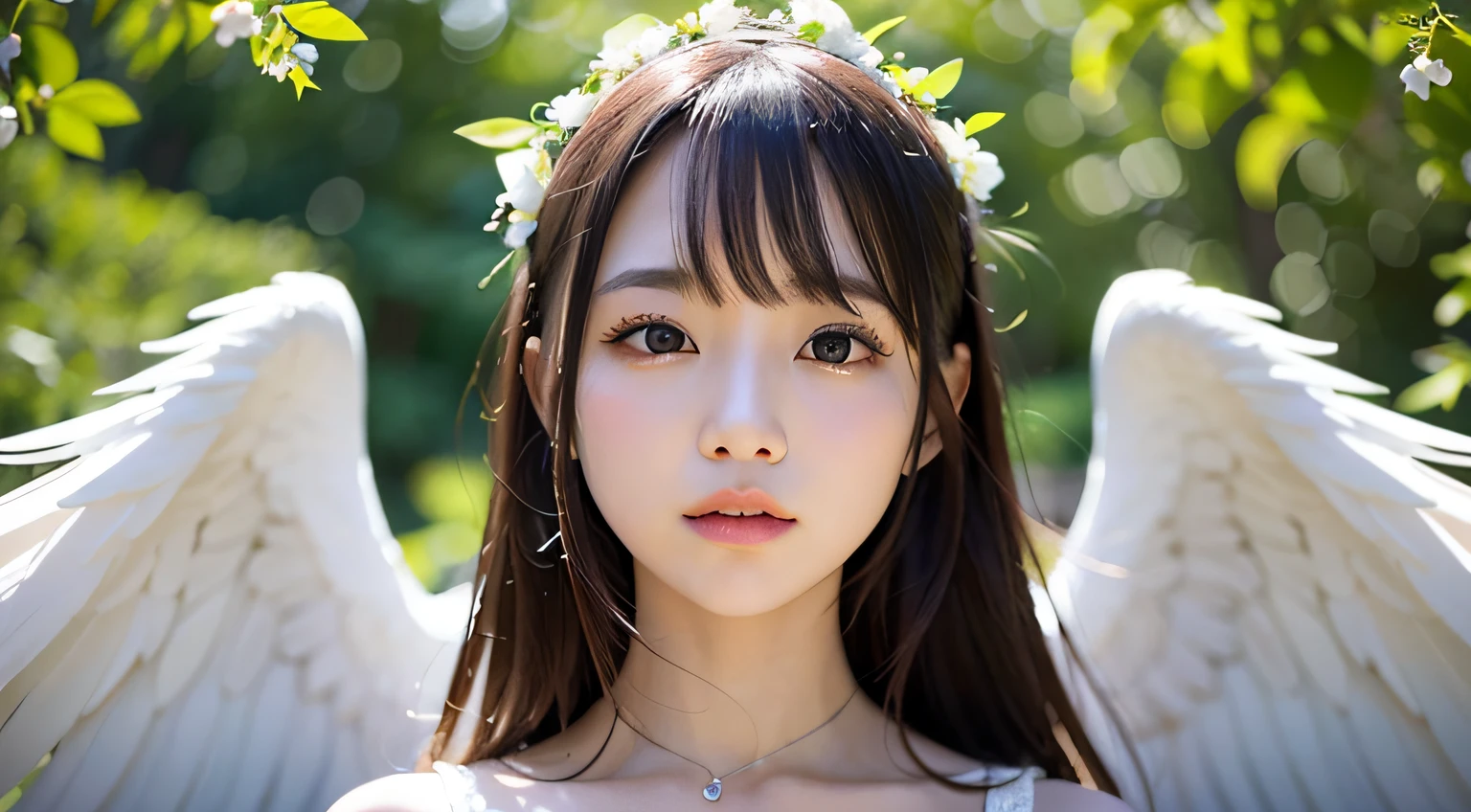 1人、Women around 20 years old、Angel with white wings、White dress、a picture、realisticlying、top-quality、adopt、A detailed face、细致背景、diffuse sunlight、depth of fields、独奏