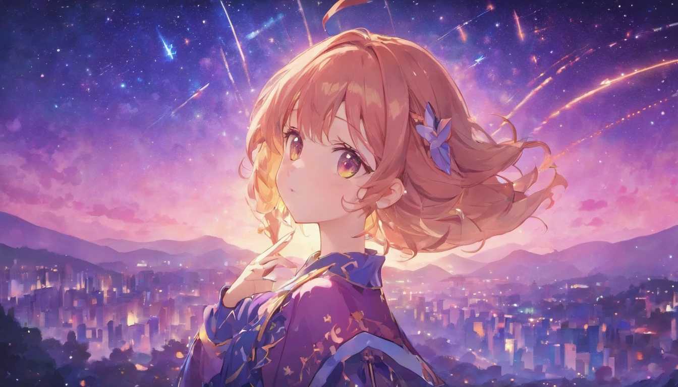 classical composition，Antropomorfismo da raposa cor-de-rosa，presa，night sky background，lua brilhante，Trajes lindos，Detalhes pupilares，symmetrical pupils，Aluno em destaque，linhas claras，Shooting stars cross the night sky