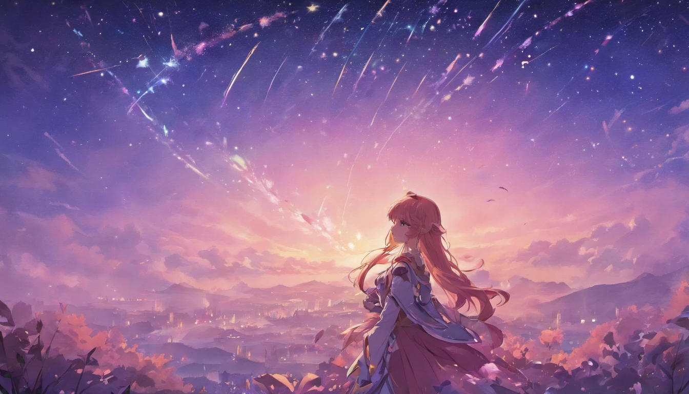 classical composition,Antropomorfismo da raposa cor-de-rosa,presa,night sky background,lua brilhante,Trajes lindos,Detalhes pupilares,symmetrical pupils,Aluno em destaque,linhas claras,Shooting stars cross the night sky