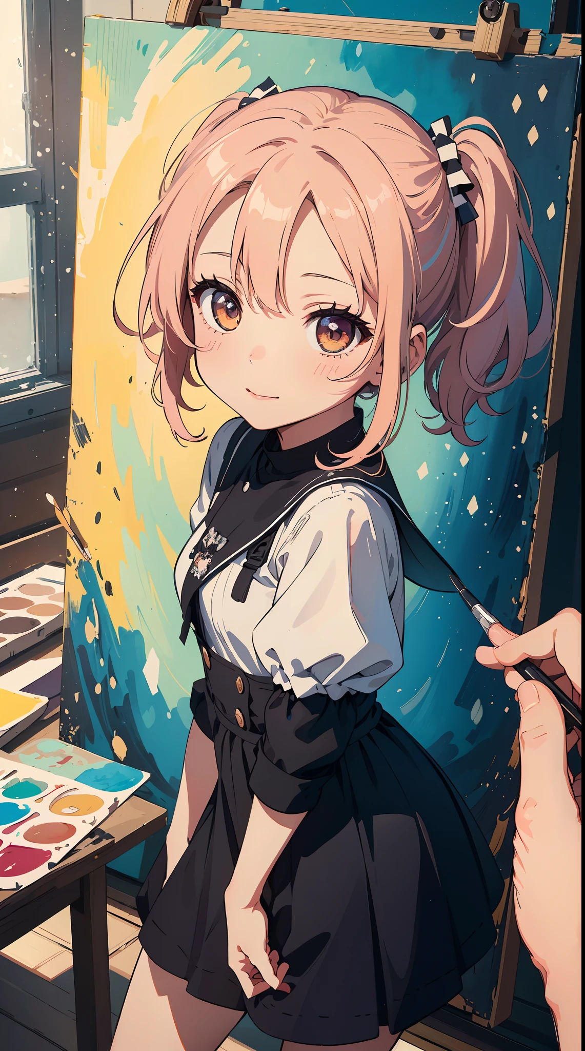 (1girl in, Solo:1.4), Cute, (Chibi:1.6),It depicts a touching moment when a pretty girl tries her hand at painting for the first time。She、Inside the art studio、Standing in front of the canvas、Pick up the brush。In those eyes、Mixed with anticipation and a little anxiety。 In the background、Masterpieces and art tools are meticulously drawn.、They enjoy this special moment even more。It makes you feel the possibilities。 The moment she brought her brush closer to the canvas、Its expression changes completely.。 The first brush transferred color to the canvas、A sense of pure joy and accomplishment spreads across her face。By her creativity、A visual effect that beautifully captivates her to the spot filled with new colors and shapes、 ((Writing line transparency Highest quality Best work Concept art.))、Beautiful illustration, pastel color, Illustration style, Realistic skin feeling, Realistic materials、watercolor paiting, A background with detail, three-dimensionality and depth