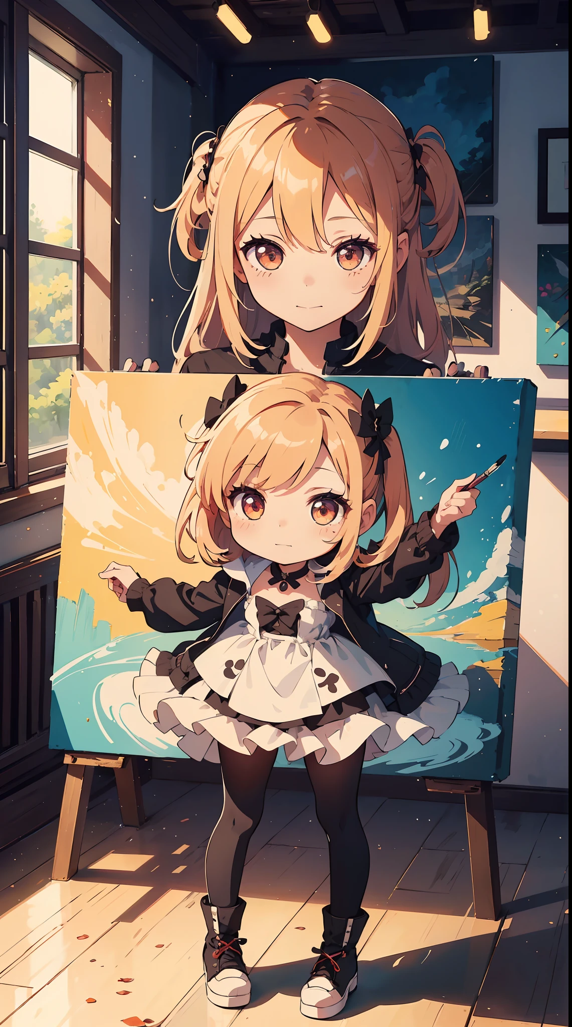 (1girl in, Solo:1.4), Cute, (Chibi:1.6),It depicts a touching moment when a pretty girl tries her hand at painting for the first time。She、Inside the art studio、Standing in front of the canvas、Pick up the brush。In those eyes、Mixed with anticipation and a little anxiety。 In the background、Masterpieces and art tools are meticulously drawn.、They enjoy this special moment even more。It makes you feel the possibilities。 The moment she brought her brush closer to the canvas、Its expression changes completely.。 The first brush transferred color to the canvas、A sense of pure joy and accomplishment spreads across her face。By her creativity、A visual effect that beautifully captivates her to the spot filled with new colors and shapes、 ((Writing line transparency Highest quality Best work Concept art.))、Beautiful illustration, pastel color, Illustration style, Realistic skin feeling, Realistic materials、watercolor paiting, A background with detail, three-dimensionality and depth