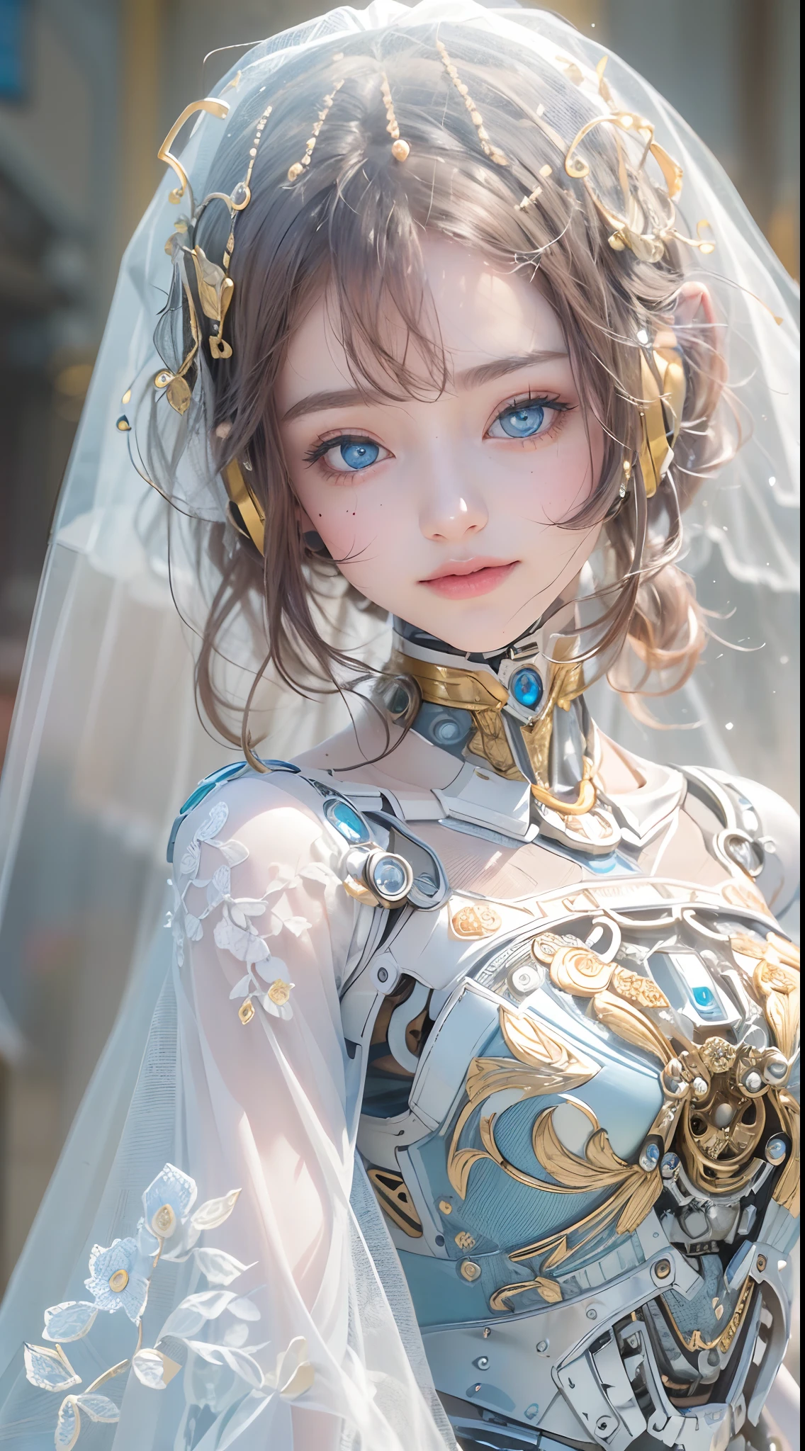 (High-res, 4K, Masterpiece:1.2),Ultra-detailed,(Realistic,photo-realistic:1.37),(Girl robot married in Japan),[((Mechanical limb))+Made of shiny gold and white clear glass and plastic], ((Vitreous blue eyes+Sharp focus))，(Delicate lace dress,Wearing a veil),(joyful expressions), , Vibrant colors, (sakurabackground), Bright sunlight。