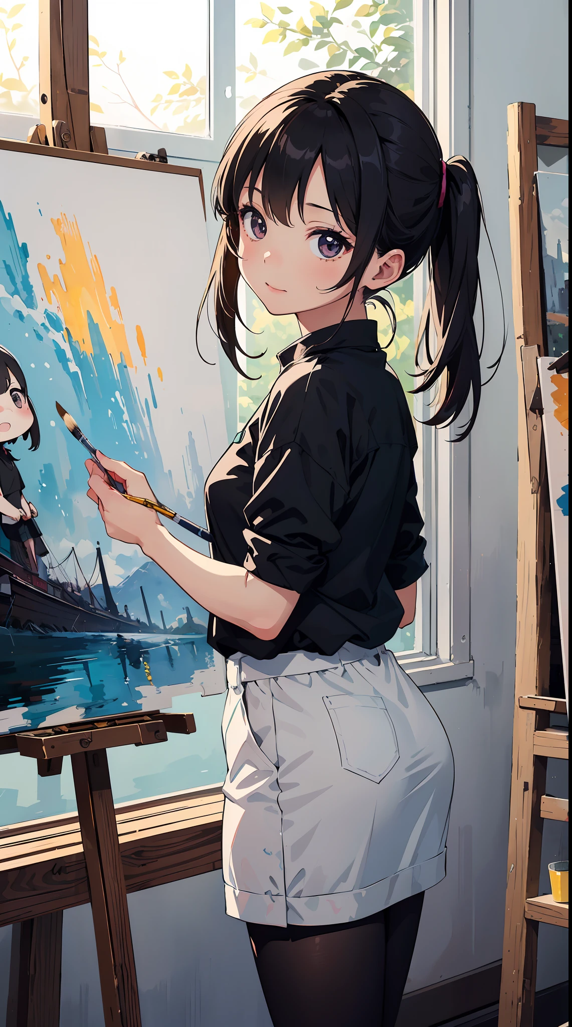 (1girl in, Solo:1.4), Cute, (Chibi:1.6),It depicts a touching moment when a pretty girl tries her hand at painting for the first time。She、Inside the art studio、Standing in front of the canvas、Pick up the brush。In those eyes、Mixed with anticipation and a little anxiety。 In the background、Masterpieces and art tools are meticulously drawn.、They enjoy this special moment even more。It makes you feel the possibilities。 The moment she brought her brush closer to the canvas、Its expression changes completely.。 The first brush transferred color to the canvas、A sense of pure joy and accomplishment spreads across her face。By her creativity、A visual effect that beautifully captivates her to the spot filled with new colors and shapes、 ((Writing line transparency Highest quality Best work Concept art.))、Beautiful illustration, pastel color, Illustration style, Realistic skin feeling, Realistic materials、watercolor paiting, A background with detail, three-dimensionality and depth