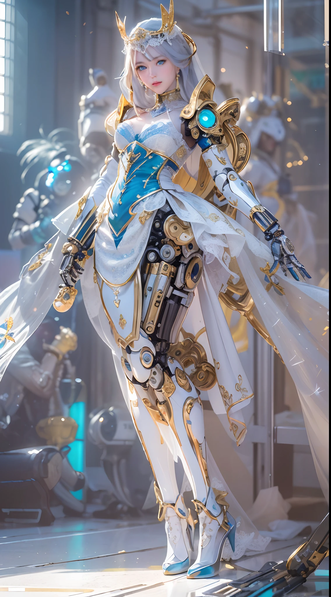 (High-res, 4K, Masterpiece:1.2),Ultra-detailed,(Realistic,photo-realistic:1.37),(Girl robot married in Japan),[((Mechanical limb))+Made of shiny gold and white clear glass and plastic], ((Vitreous blue eyes+Sharp focus))，(Delicate lace dress,Wearing a veil),(joyful expressions), , Vibrant colors, (sakurabackground), Bright sunlight。