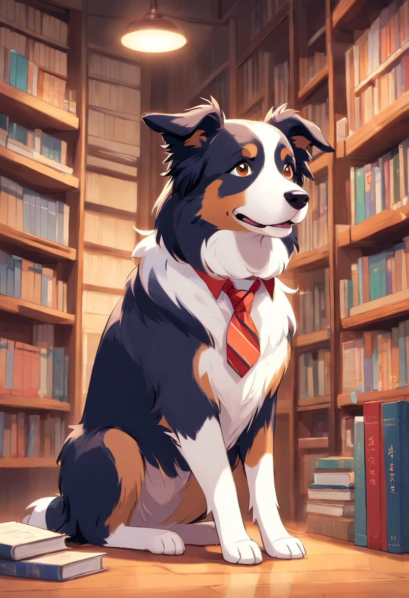 Make a Border Collie Dog, This dog must be wearing a tie and glasses, deve estar em uma biblioteca lendo um livro. Foto estilo disney pixar