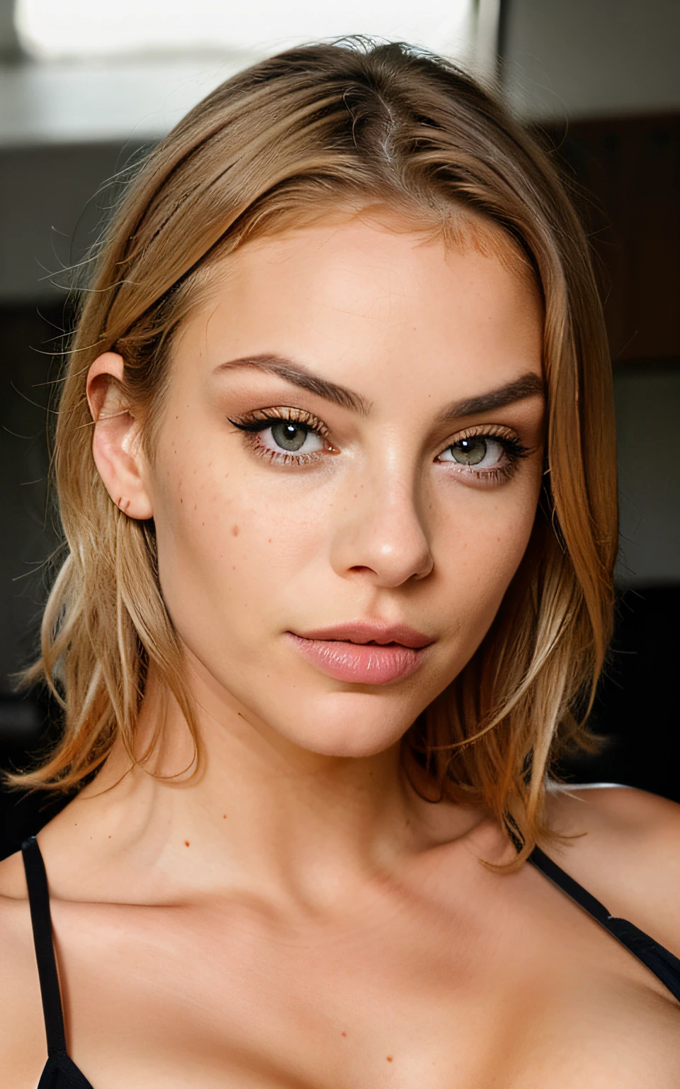 highly detailed, The seductive erotic woman sweats, Clegege, (Busty, cheveux blonds), centered on the face, focused face, yeux complexes, Coffee discreet freckle