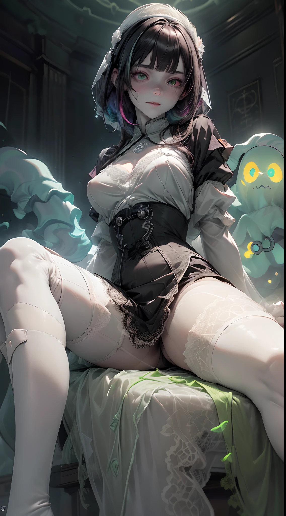 (ghosty:1.85) (doctor:1.5) (nurse:0.65) girl, (white doctor coat:1.4), (spirit, spiritual:1.2), 1girl, perfect and well designed glowing shiny eyes, (beautiful detailed eyes:1.05), natural medium breasts, slim body, beautiful and delicate cute face, (face detail), ((realistic face)), pores, ((pale grey skin)), detailed skin, realistic skin, (((bioluminescence))), ((shiny skin)), (multicolored gradation skin), (monster girl:1.25), human face, medium length hair, hair voluminous, (((((multicolored gradation hair))))), (dark-haired:1.75), super high resolution, 8k, parameters Best quality, (masterpiece:1.4), (magic accessories:1.4), bracelets, extremely detailed thick tight ((white:1.5), (green:1.2), (pink:0.5)) (medical uniform:1.5), (shirt:1.7), (skirt:1.3), (black lace stockings:1.9), (standing nipples under cloth:1.3), (neckline:1.3), (cleavage:1.4), (decolette:1.5), Young Girl, Little Beast, (Smile:0.9), (pale Skin:1.85), ultra detailed, photorealistic, ((Real image)), (best quality:1.4), super high resolution, (Realistic 2.0), More details, (((1girl))), {(medical ward:1.2)|(doctor office:1.2)}, (beautiful and aesthetic:1.2), (fractal art:1.4), (cinematic light:1.1), (DUTCH ANGLE:1.2), full body, 16K, HDR, RTX, Ray Tracing, Radiosity, Anisotropic Filtering, Subsurface Scattering, (((magic lights))), metallic reflections, Detailed, Realistic, 4k highly detailed digital art, (cool_color), extremely detailed CG unity 8k wallpaper, vibrant colors, (seductive sitting pose:1.6), (spread legs:1.3)