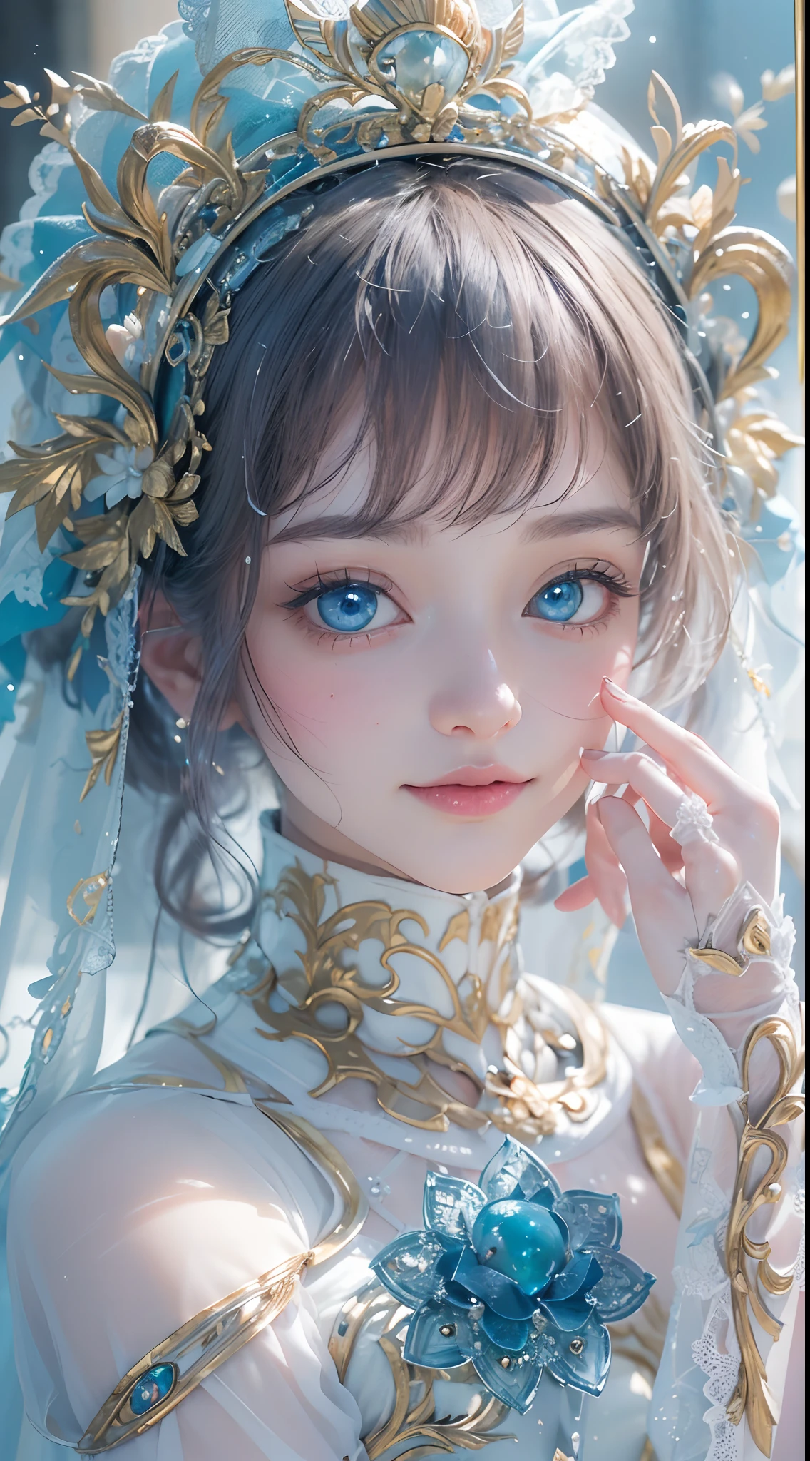 (High-res, 4K, Masterpiece:1.2),Ultra-detailed,(Realistic,photo-realistic:1.37),Girl robot married in Japan,(((Vitreous blue eyes))),Mechanical limb,Mechanical torso,Made of shiny gold and white clear glass and plastic, Delicate lace dress,Wears a white veil,joyful expressions, , Vibrant colors, sakurabackground, Bright sunlight。
