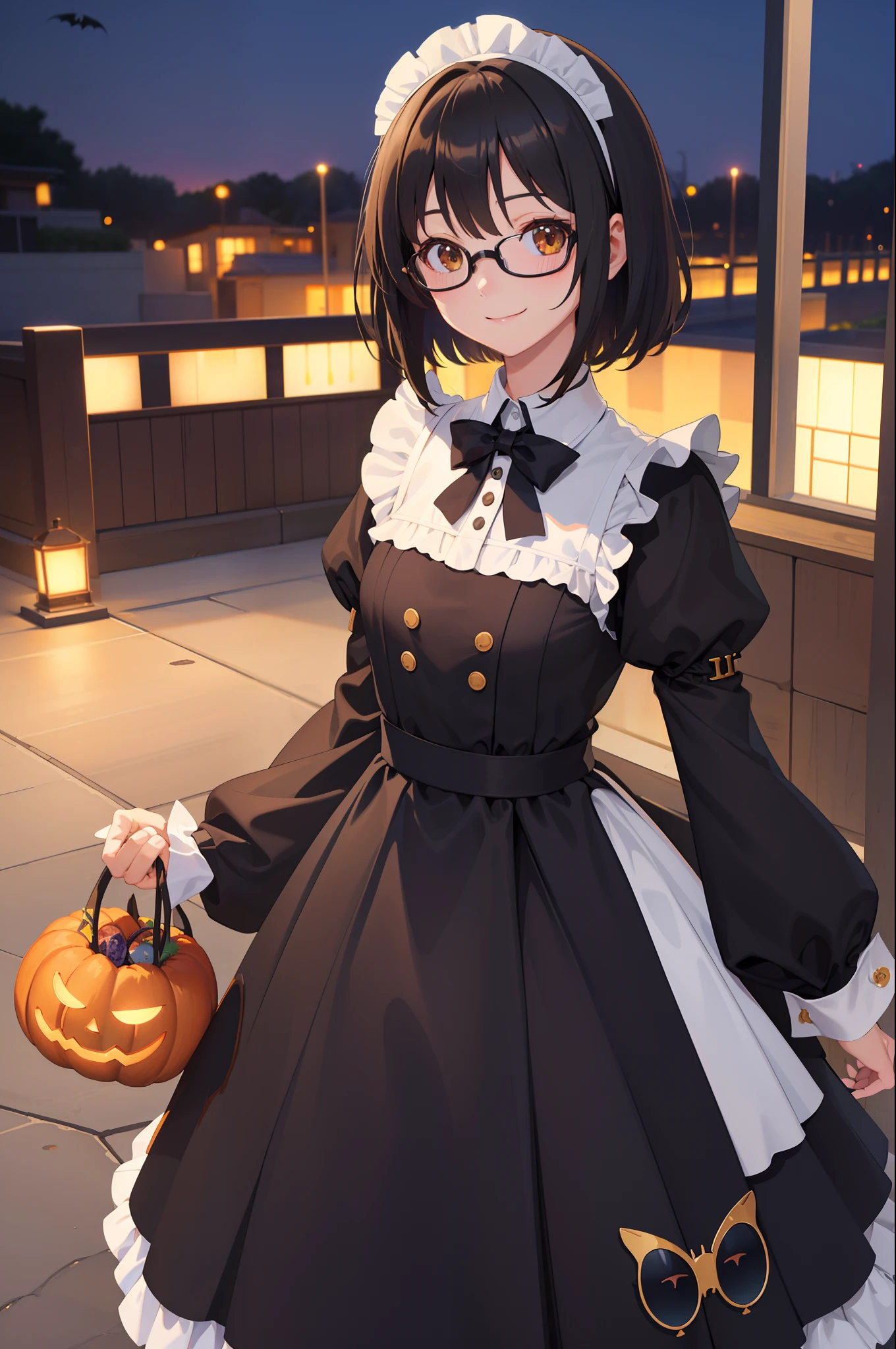 (masutepiece, Best Quality, Capture super cute moments, depth of fields, ultra-detailliert, Ultra High Resolution, C4D, Octadale, 3D Modeling, 8K, 16 K, one girls、a junior high school student、A dark-haired、short-hair、straight haired、Light brown eyes,hair adornments、wearing black glasses、A smile)、student clothes、sky at night、Halloween、squash