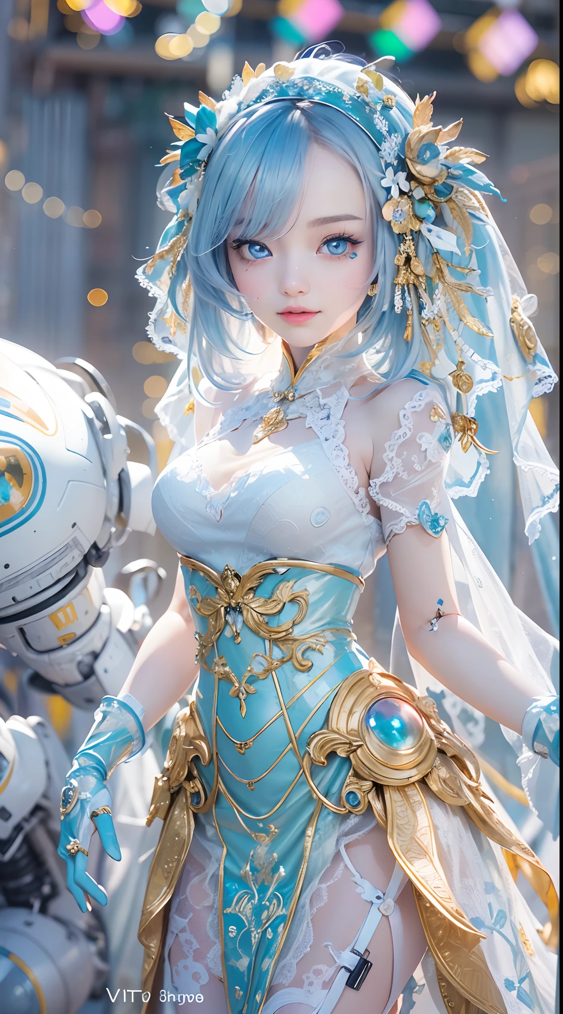 (High-res, 4K, Masterpiece:1.2),Ultra-detailed,(Realistic,photo-realistic:1.37),Girl robot married in Japan,(((Vitreous blue eyes))),Mechanical limb,Mechanical torso,Made of shiny gold and white clear glass and plastic, Delicate lace dress,Wears a white veil,joyful expressions, , Vibrant colors, sakurabackground, Bright sunlight。