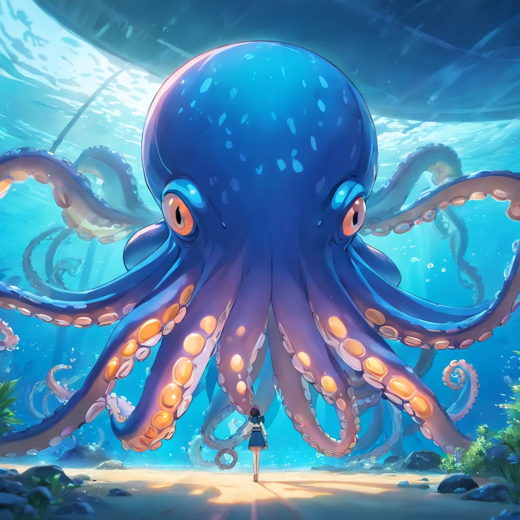 cephalopod, blue tentacles,Com uma faixa vermelha ardente, Chifres de minotauro azul-esverdeados, olhos amarelos brilhantes brilhantes, No telhado do forno, master part, best quality,Pernas de polvo muito longas,Realistic,