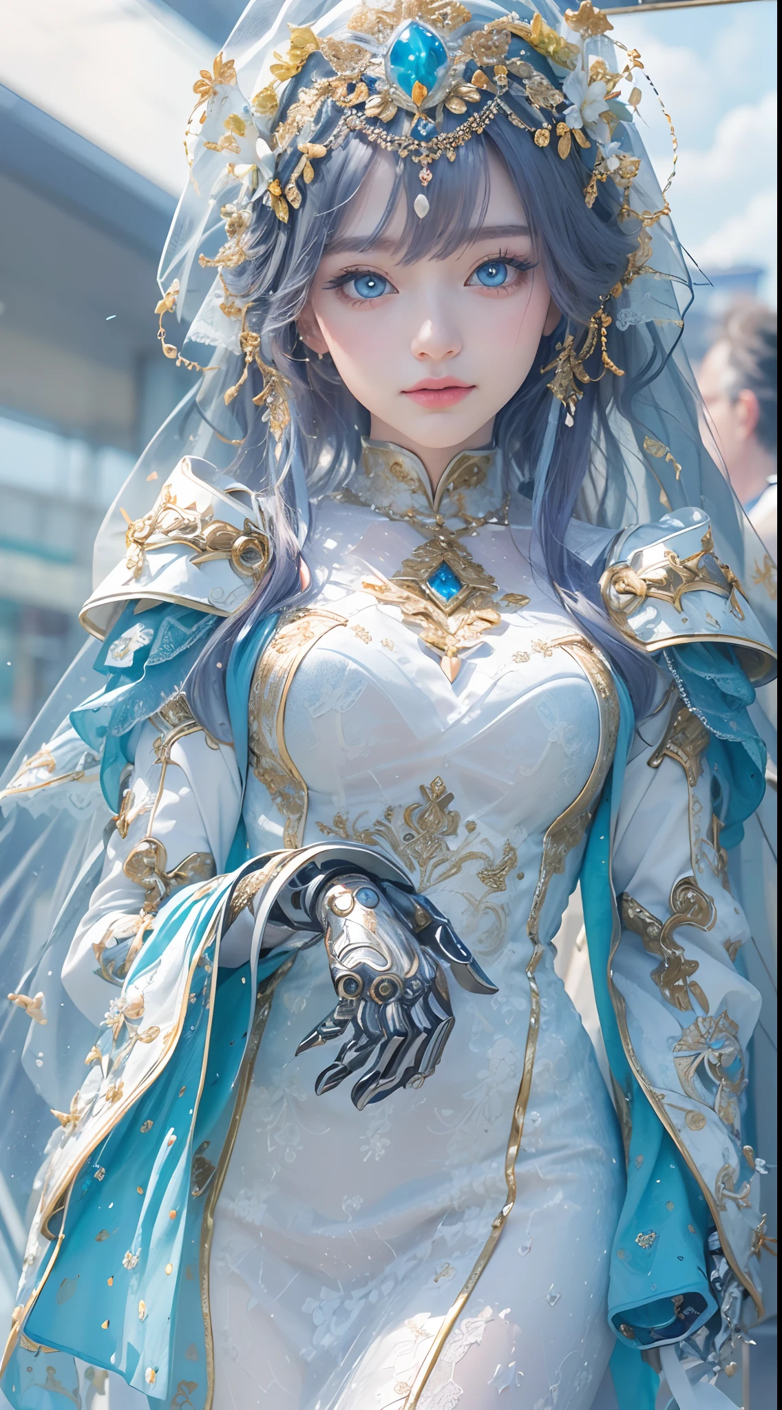 (High-res, 4K, Masterpiece:1.2),Ultra-detailed,(Realistic,photo-realistic:1.37),Girl robot married in Japan,(((Vitreous blue eyes))),Mechanical limb,Mechanical torso,Made of shiny gold and white clear glass and plastic, Delicate lace dress,Wears a white veil,joyful expressions, , Vibrant colors, sakurabackground, Bright sunlight。