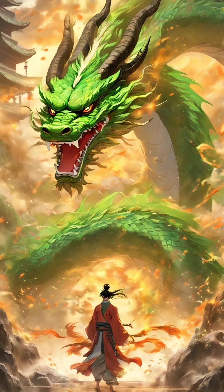China-style,中景 the scene is,The Taoist priest stood before the huge green dragon,Stretch out your hands,long messy hair,efeitos de brilho,hyper-realistic,Ultra foto realsisim,Chinese black and white ink style,prata,Discoloration,Mancha,tinta,8k,super-fino,alta qulidade,(((Renderizador OC)))