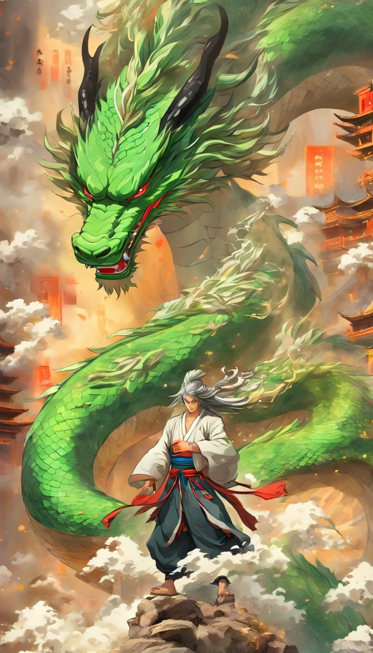 China-style，中景 the scene is，The Taoist priest stood before the huge green dragon，Stretch out your hands，long messy hair，efeitos de brilho，hyper-realistic，Ultra foto realsisim，Chinese black and white ink style，prata，Discoloration，Mancha，tinta，8k，super-fino，alta qulidade，（（（Renderizador OC）））