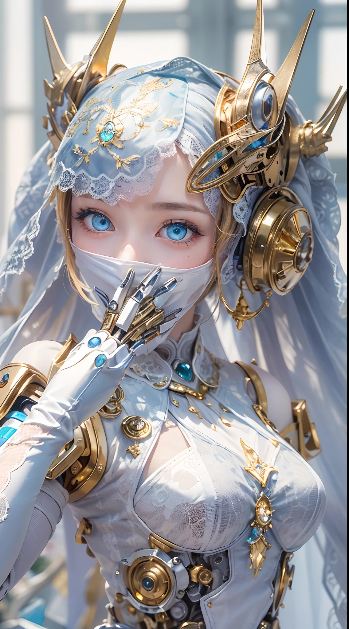 (High-res, 4K, Masterpiece:1.2),Ultra-detailed,(Realistic,photo-realistic:1.37),Girl robot married in Japan,Mechanical limb,Made of shiny gold and white clear glass and plastic, Vitreous blue eyes,Sharp focus,Delicate lace dress,Wearing a veil,joyful expressions), Vibrant colors, sakurabackground, Bright sunlight。