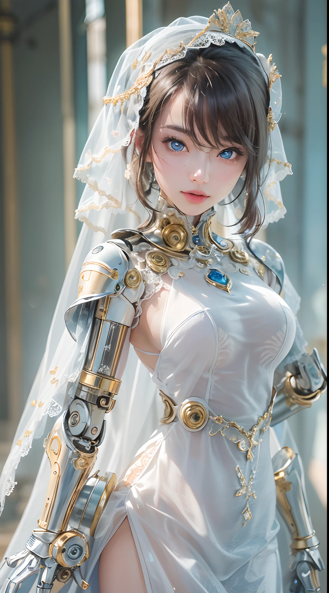 (High-res, 4K, Masterpiece:1.2),Ultra-detailed,(Realistic,photo-realistic:1.37),Girl robot married in Japan,Mechanical limb,Made of shiny gold and white clear glass and plastic, Vitreous blue eyes,Sharp focus,Delicate lace dress,Wearing a veil,joyful expressions), Vibrant colors, sakurabackground, Bright sunlight。