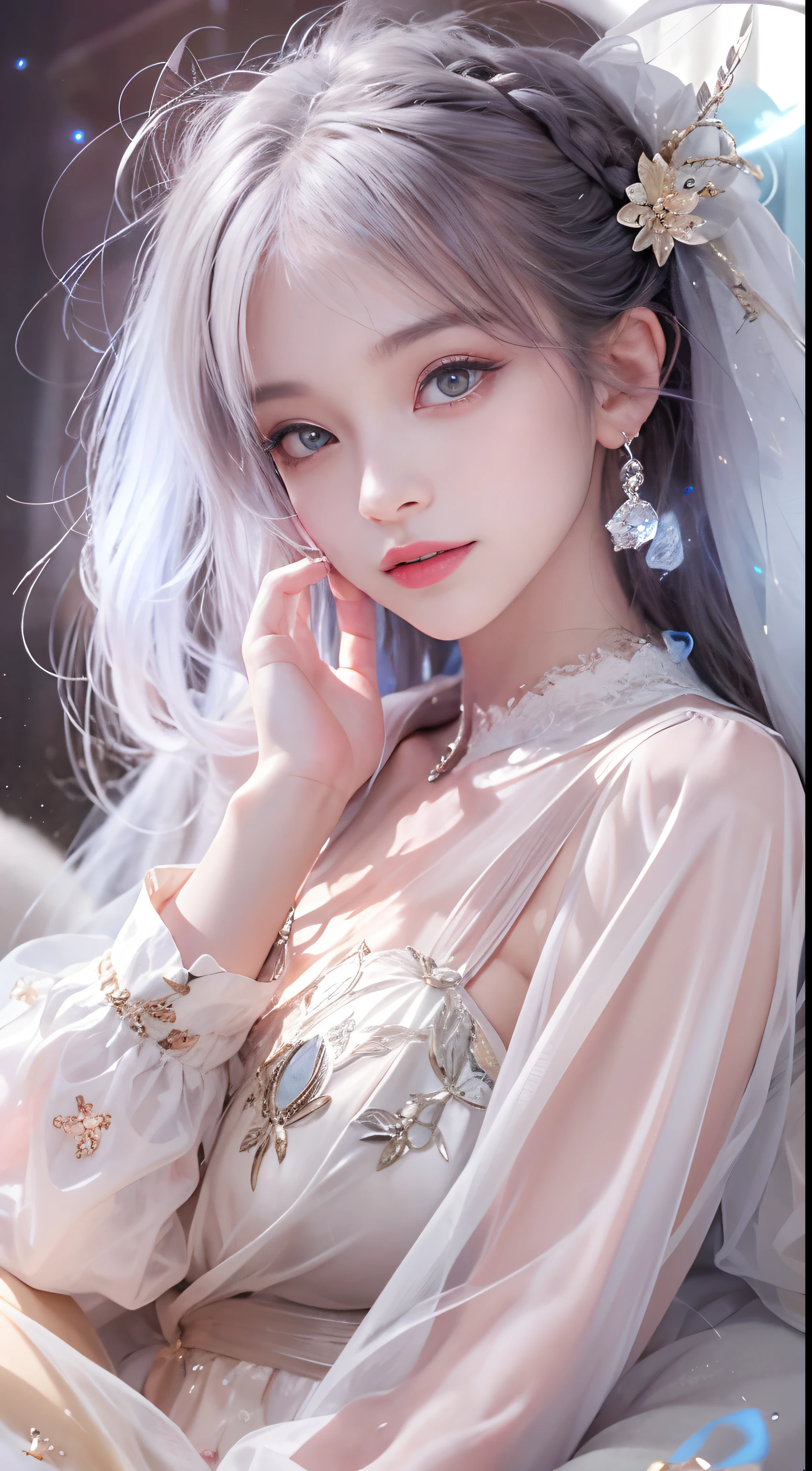 1girll,(enchanced quality:1.4),(Top quality true texture skin), Delicate face,Black hair, Gradient hair, Petite body,(perfect bodies:1.1), There are precious stones on the forehead, rimless eyewears, Sparkling pupils,long eyelasher,grin, hyper photorealism, Cinematic lighting, projected inset, surrealism, hyper HD, Masterpiece, 16k,Lie down,dream on,Wear transparent silk pajamas,Carmelto,Legs slightly open,Tattooed with,Fantasy space,Luxurious space