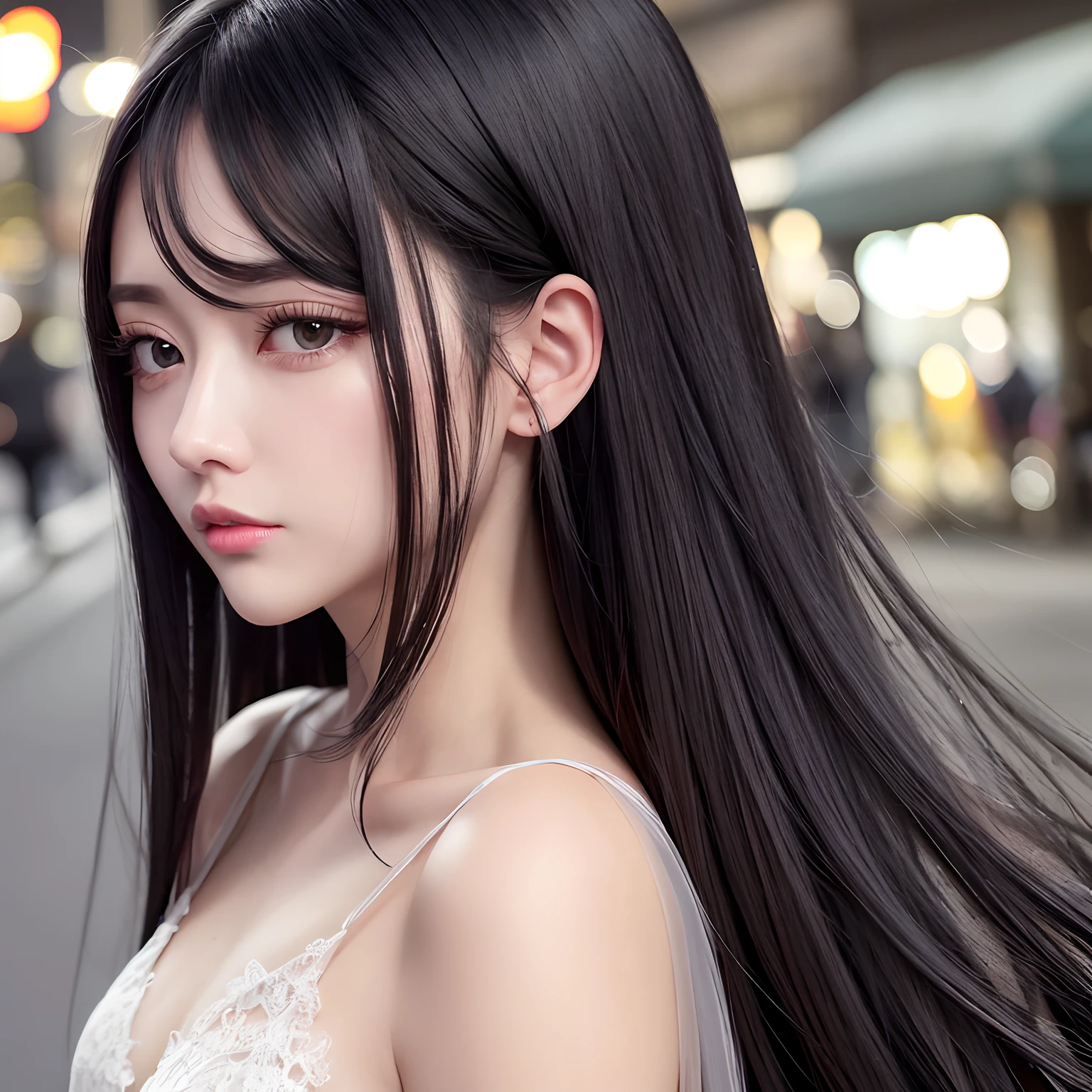 Top image quality、top-quality、Lustrous lips、Lustrous eyes、Lustrous hair、Transparent black hair、doress、In the street、nighttime scene、