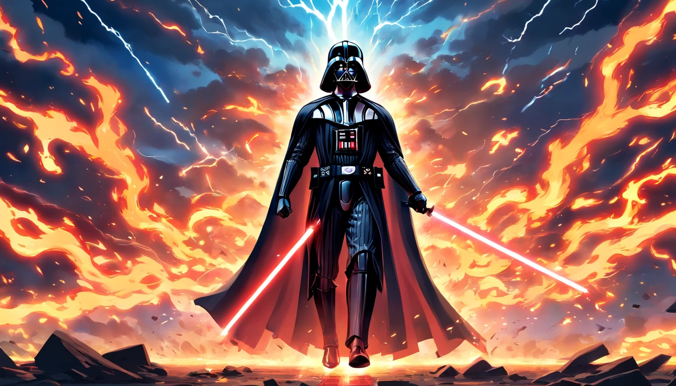 Darth Vader, surrounded by flames and lightning with thunder, segurando um sabre de luz vermelho