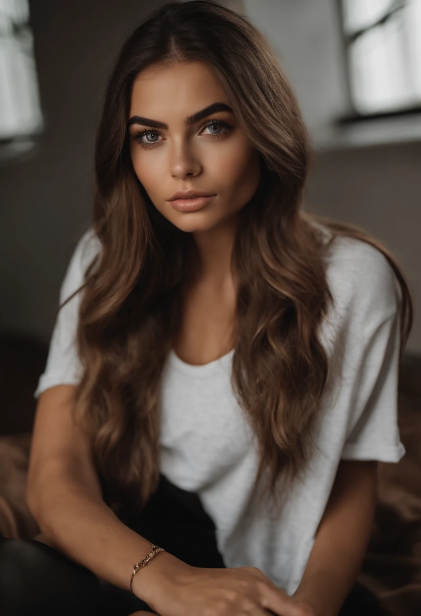 Mujer alafed con camiseta blanca sin mangas, Chica sexy con ojos marrones, Retrato Sophie Mudd, brown hair and large eyes, selfie de una mujer joven, Ojos del dormitorio, Violeta Myers, sin maquillaje, Maquillaje natural, staring directly into camera, cara con artgram, maquillaje sutil, Impresionantes tomas de cuerpo entero, Thai