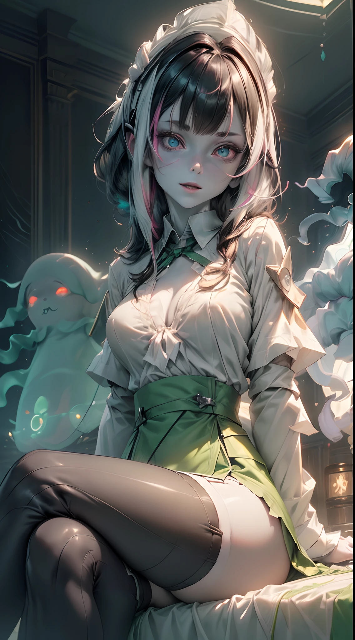 (ghosty:1.85) (doctor:1.5) (nurse:0.65) girl, (white doctor coat:1.4), (spirit, spiritual:1.2), 1girl, perfect and well designed glowing shiny eyes, (beautiful detailed eyes:1.05), natural medium breasts, slim body, beautiful and delicate cute face, (face detail), ((realistic face)), pores, ((pale grey skin)), detailed skin, realistic skin, (((bioluminescence))), ((shiny skin)), (multicolored gradation skin), (monster girl:1.25), human face, medium length hair, hair voluminous, (((((multicolored gradation hair))))), (dark-haired:1.75), super high resolution, 8k, parameters Best quality, (masterpiece:1.4), (magic accessories:1.4), bracelets, extremely detailed thick tight ((white:1.5), (green:1.2), (pink:0.5)) (medical uniform:1.6), (skirt:1.3), (standing nipples under cloth:1.3), (neckline:1.3), (cleavage:1.4), (decolette:1.5), Young Girl, Little Beast, (Smile:0.9), (pale Skin:1.85), ultra detailed, photorealistic, ((Real image)), (best quality:1.4), super high resolution, (Realistic 2.0), More details, (((1girl))), {(medical ward:1.2)|(doctor office:1.2)}, (beautiful and aesthetic:1.2), (fractal art:1.4), (cinematic light:1.1), (DUTCH ANGLE:1.2), full body, 16K, HDR, RTX, Ray Tracing, Radiosity, Anisotropic Filtering, Subsurface Scattering, (((magic lights))), metallic reflections, Detailed, Realistic, 4k highly detailed digital art, (cool_color), extremely detailed CG unity 8k wallpaper, vibrant colors, (seductive sitting pose:1.7)
