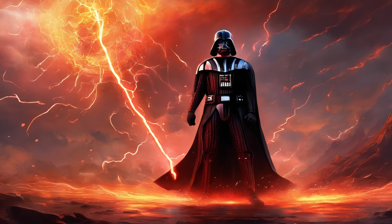 Darth Vader, surrounded by flames and lightning with thunder, segurando um sabre de luz vermelho