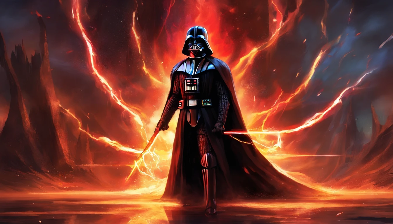 Darth Vader, surrounded by flames and lightning with thunder, segurando um sabre de luz vermelho