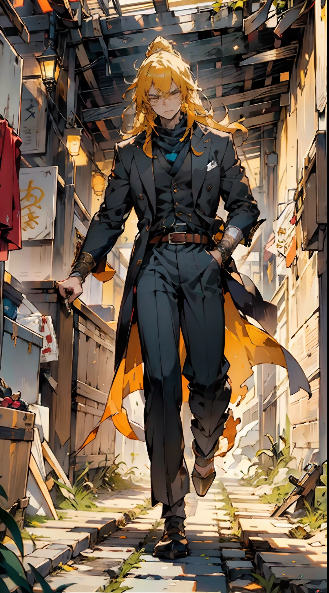 A man with long orange-yellow hair, neatly combed back, leaving a long tuft of bangs, he has slender eyebrows, sharp and intelligent eyes, his face is elongated and lean, he wears a dark Western-style fitted suit, a sleeveless long overcoat on top, a belt wraps around his waist, he wears loose trousers, stands in a luxurious Chinese-style hall, displaying a dignified expression, exuding a powerful aura, emanating a radiant fighting spirit, this character embodies a finely crafted fusion of Eastern and Western influences in a wise and sophisticated in anime style, characterized by a sophisticated and mature manga illustration art style, full body character drawing, high definition, best quality, highres, ultra-detailed, ultra-fine painting, extremely delicate, professional, anatomically correct, symmetrical face, extremely detailed eyes and face, high quality eyes, creativity, RAW photo, UHD, 8k, Natural light, cinematic lighting, masterpiece:1.5
