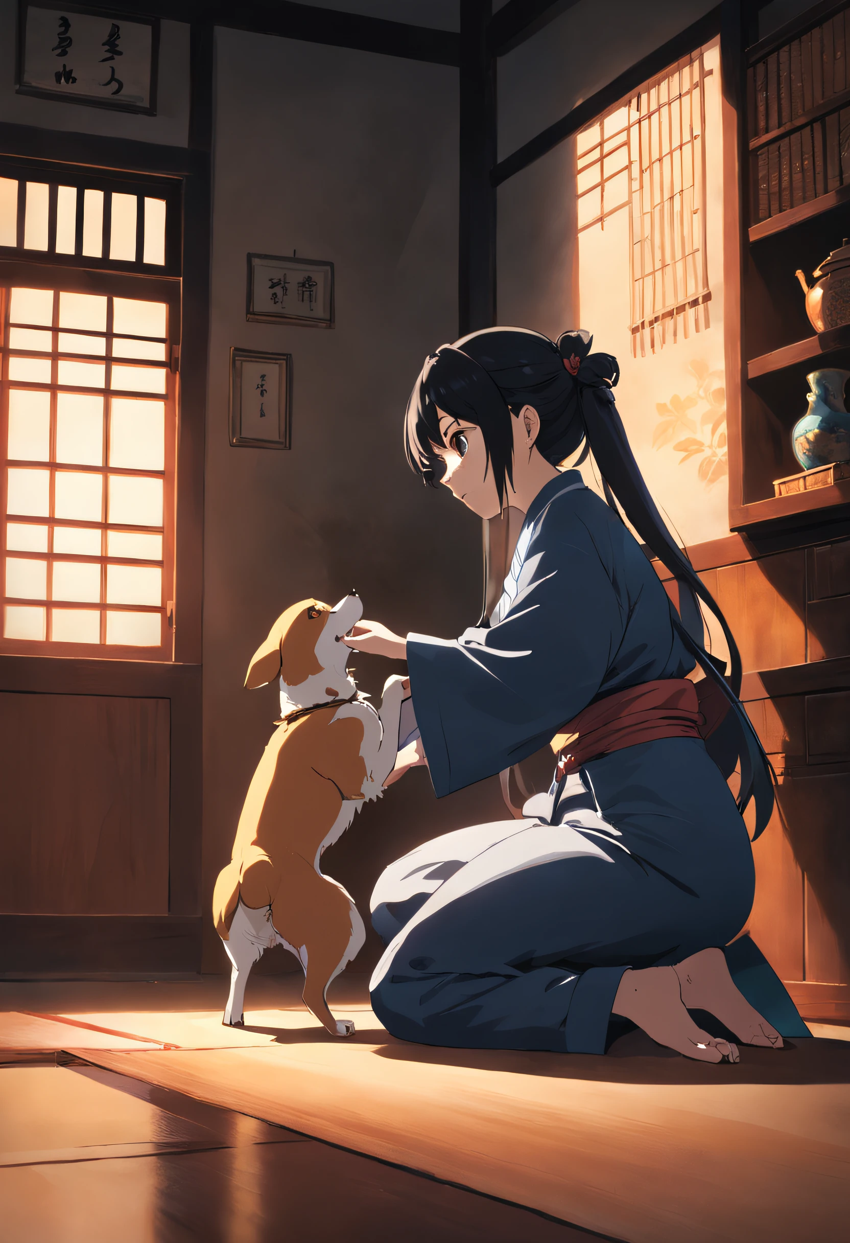((From the shadow of the shoji)+(Look into the room))、(Beautiful woman playing with dog shadow on hand sign、Girl using shoji to cast shadows,