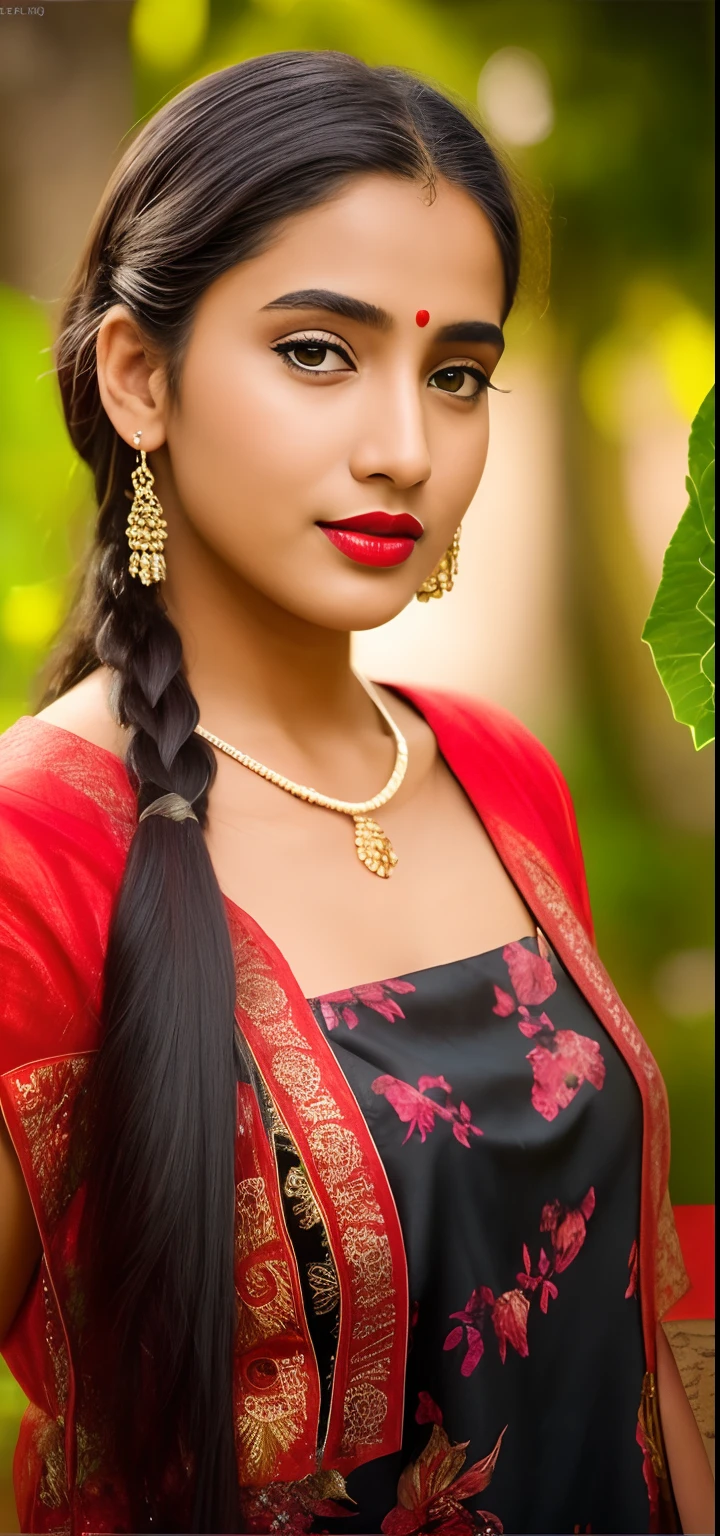 there is a young girl with a black apron and a red lipstick, very beautiful girl, very beautiful enga style, with lovely look, with accurate face, cute beautiful, indian female model, attractive girl, beutiful face, very beautiful photo, beuatiful face, beautiful cute, very very very beautifull face, very beautiful cute catgirl, beutifull, skin indian color((film grain, skin details, high detailed skin texture, 8k hdr, dslr)), hd images, photography taken sony DSLRs,  natural glowing skin, hd perfect photography, realistic images, outdoor background