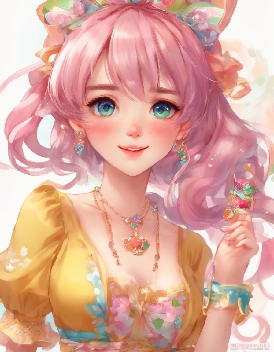 um closeup de uma mulher branca em um vestido listrado rosa posando para uma foto, mulher tem olhos muito bonitos, cabelos castanhos ondulados, She's wearing earrings, arte digital de uma pintura digital, elegante e elegante, strapless dress, arte no estilo de Guweiz, de vestido, usando um vestido elegante, shy and demure, pintura digital suave, em estilo de arte bowater, vestido detalhado e rosto, Artgerm. High detail ,anime