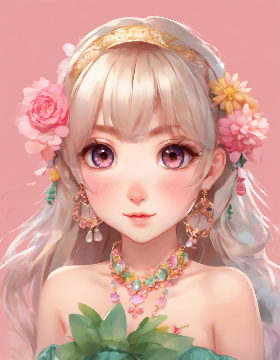 um closeup de uma mulher branca em um vestido listrado rosa posando para uma foto, mulher tem olhos muito bonitos, cabelos castanhos ondulados, She's wearing earrings, arte digital de uma pintura digital, elegante e elegante, strapless dress, arte no estilo de Guweiz, Loli de vestido, usando um vestido elegante, shy and demure, pintura digital suave, em estilo de arte bowater, vestido detalhado e rosto, Artgerm. High detail ,anime