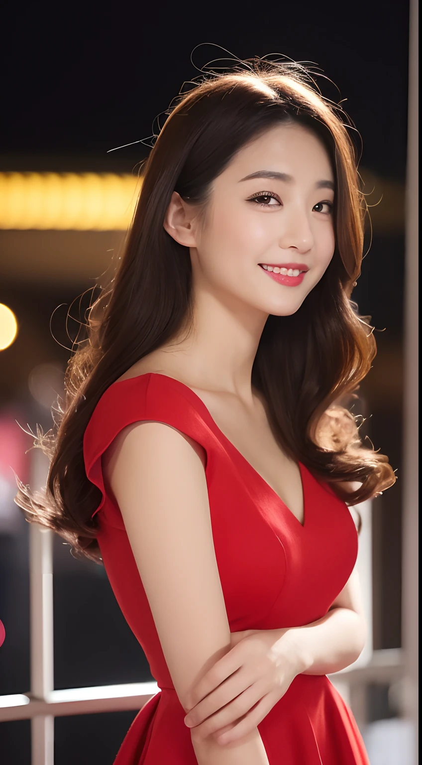 highest quality, 8k resolution, masterpiece, Professional photography, A 40-year-old beauty with an idol-like face, Walk through the downtown area at night, (Elegant and stylish crimson top), Close-up of face, ((Look forward)), (((View your viewers))), smile, Wrinkles around the eyes, Standing Elegantly, Plump and soft body, Elegant and beautiful very long wavy hair, Shapely breasts, Perfect Makeup, Beautiful lipstick, Elegant eyeshadow, Long eyelashes, Ultra-high resolution glossy skin