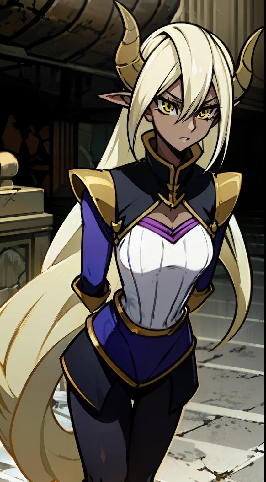 1girl,solo,(dark skin),hidden arms,long hair, white hair,yellow eyes,large tits,gold armor outfit,black small shirt,black horns,black pantyhose,elves ears,yellow scarf,standing inside of a castle