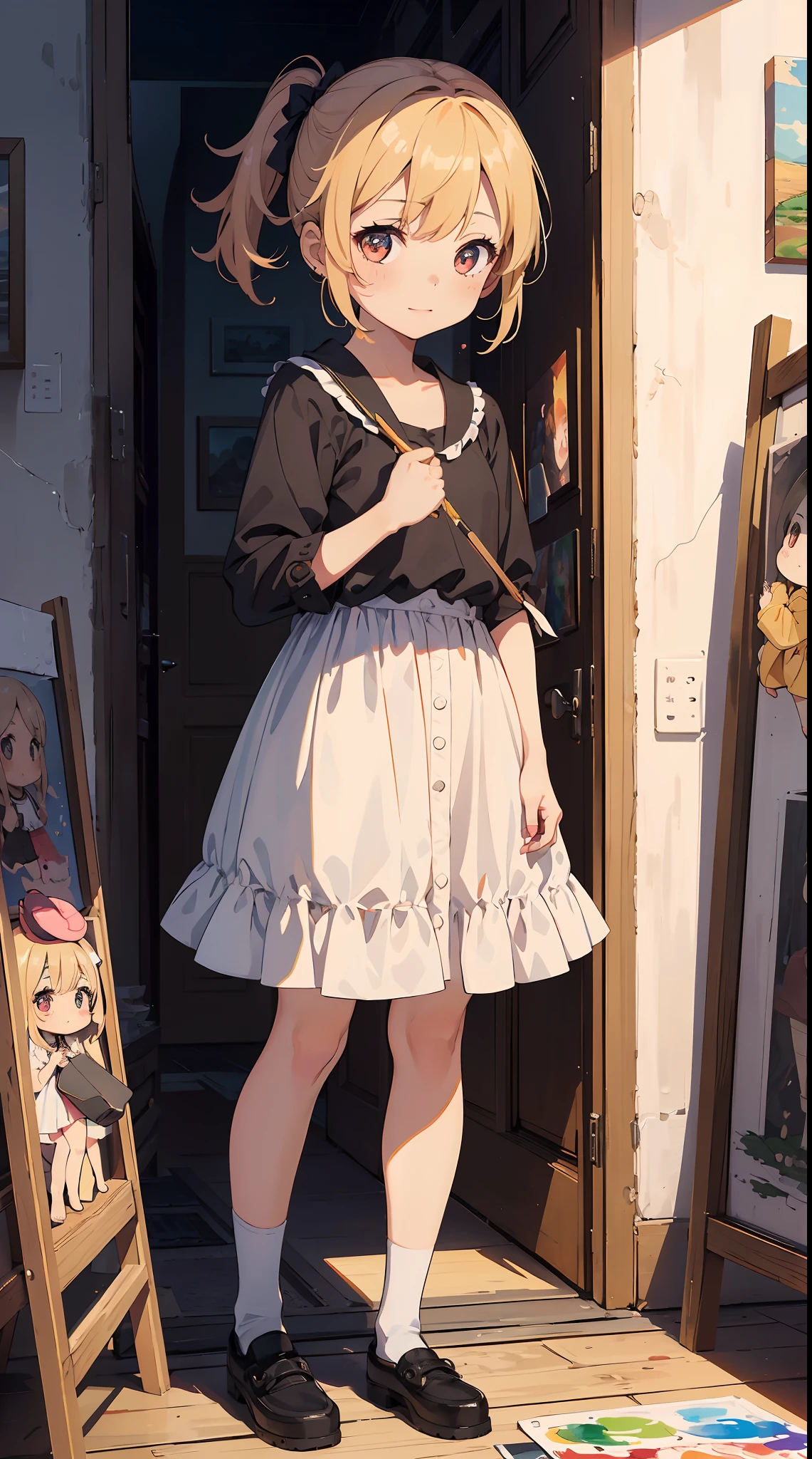 (1girl in, Solo:1.4), Cute, (Chibi:1.6),It depicts a touching moment when a pretty girl tries her hand at painting for the first time。She、Inside the art studio、Standing in front of the canvas、Pick up the brush。In those eyes、Mixed with anticipation and a little anxiety。 In the background、Masterpieces and art tools are meticulously drawn.、They enjoy this special moment even more。It makes you feel the possibilities。 The moment she brought her brush closer to the canvas、Its expression changes completely.。 The first brush transferred color to the canvas、A sense of pure joy and accomplishment spreads across her face。By her creativity、A visual effect that beautifully captivates her to the spot filled with new colors and shapes、 ((Writing line transparency Highest quality Best work Concept art.))、Beautiful illustration, pastel color, Illustration style, Realistic skin feeling, Realistic materials、watercolor paiting, A background with detail, three-dimensionality and depth