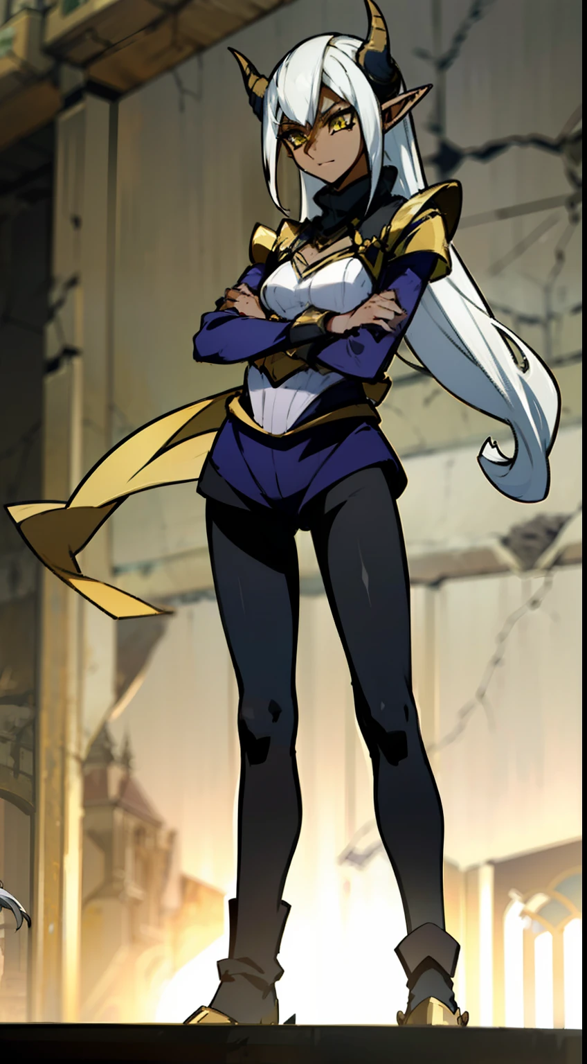 1girl,solo,(dark skin),hidden arms,long hair, white hair,yellow eyes,large tits,gold armor outfit,black small shirt,black horns,black pantyhose,elves ears,yellow scarf,standing inside of a castle