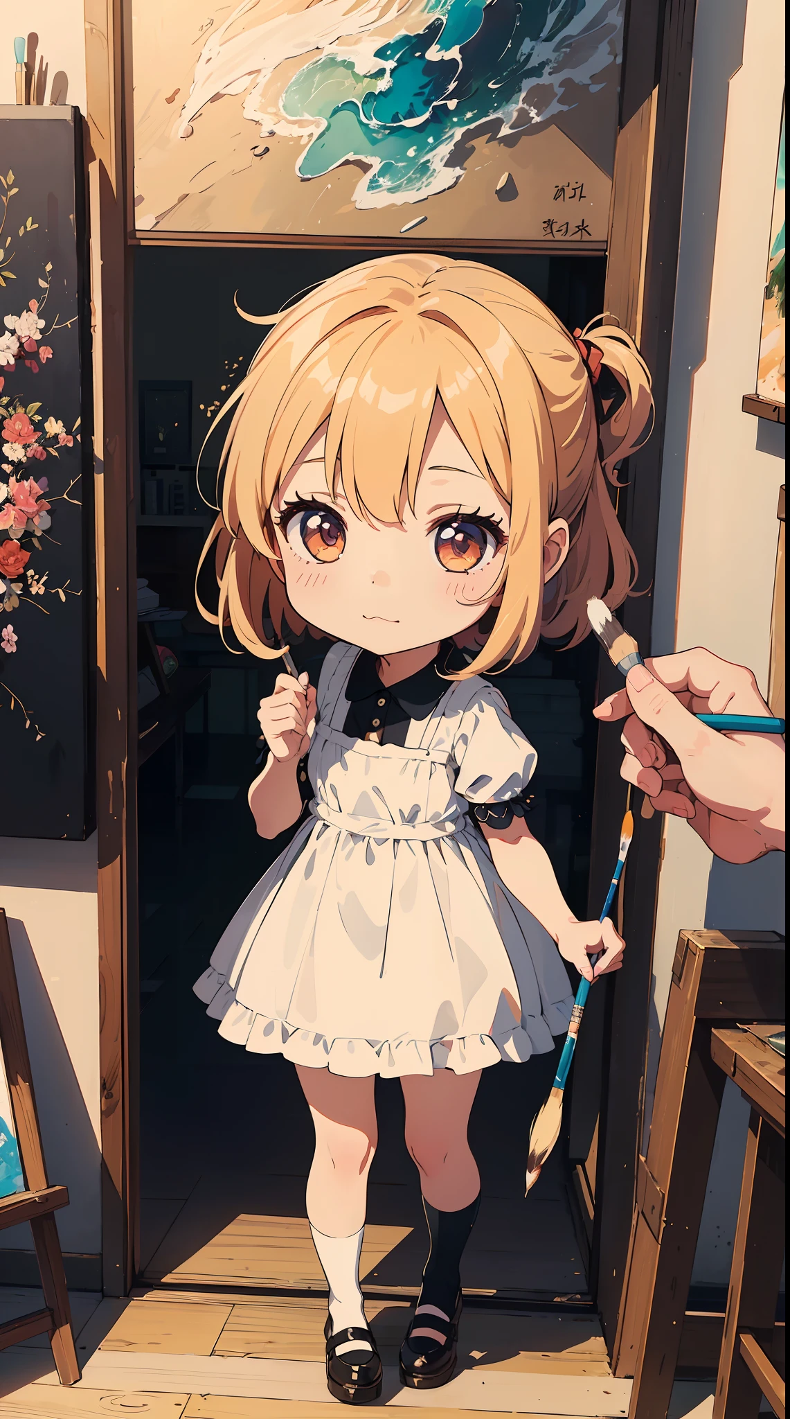 (1girl in, Solo:1.4), Cute, (Chibi:1.6),It depicts a touching moment when a pretty girl tries her hand at painting for the first time。She、Inside the art studio、Standing in front of the canvas、Pick up the brush。In those eyes、Mixed with anticipation and a little anxiety。 In the background、Masterpieces and art tools are meticulously drawn.、They enjoy this special moment even more。It makes you feel the possibilities。 The moment she brought her brush closer to the canvas、Its expression changes completely.。 The first brush transferred color to the canvas、A sense of pure joy and accomplishment spreads across her face。By her creativity、A visual effect that beautifully captivates her to the spot filled with new colors and shapes、 ((Writing line transparency Highest quality Best work Concept art.))、Beautiful illustration, pastel color, Illustration style, Realistic skin feeling, Realistic materials、watercolor paiting, A background with detail, three-dimensionality and depth