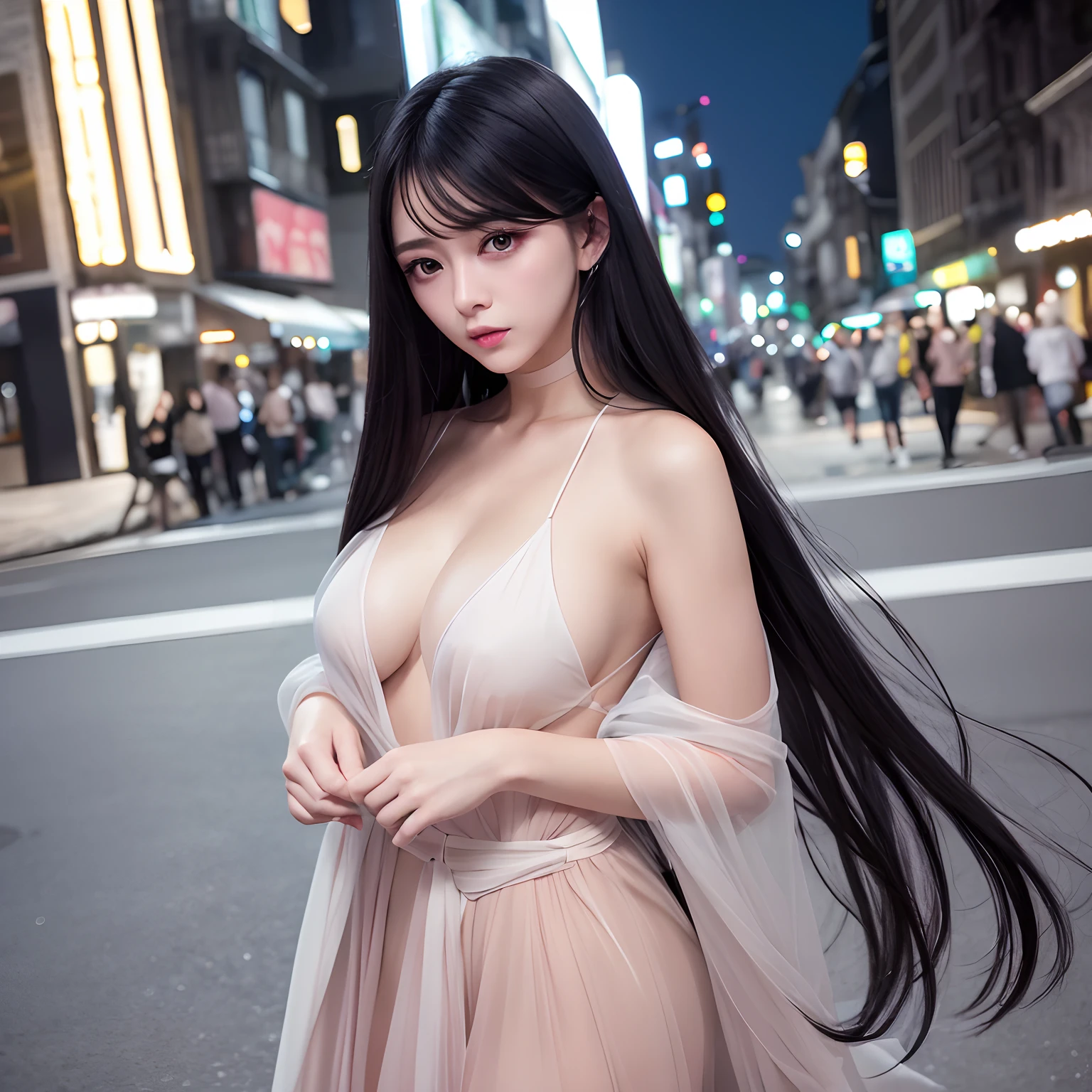 Top image quality、top-quality、Lustrous lips、Lustrous eyes、Lustrous hair、Transparent black hair、doress、In the street、nighttime scene、