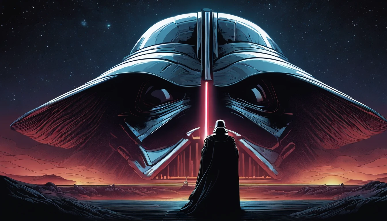 Cinematographic art by (dan mumford:1.3) estilo,(close up:1.1) Como Darth Vader gosta de seu brinde? No lado escuro., anatomia e postura requintadas, 8k uhd, (nsfw:1.2), no canto mestre yoda com seu sabre de luz verde