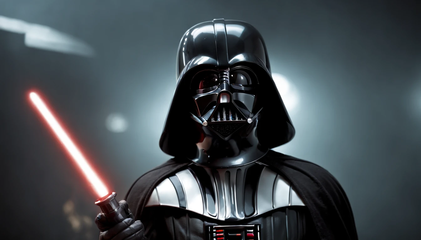 A good-looking man in Darth Vader's outfit, no mask, realistic, cinematic, black background --auto