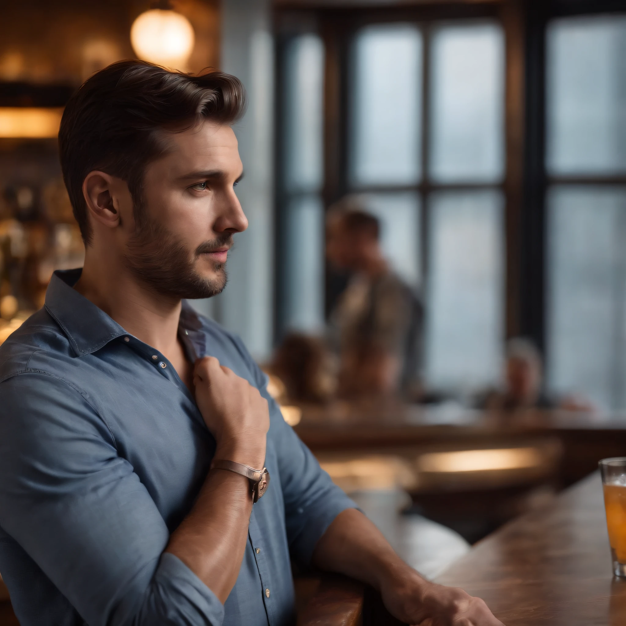 Man standing in front of a bar with his hand in his pocket looking out the window
